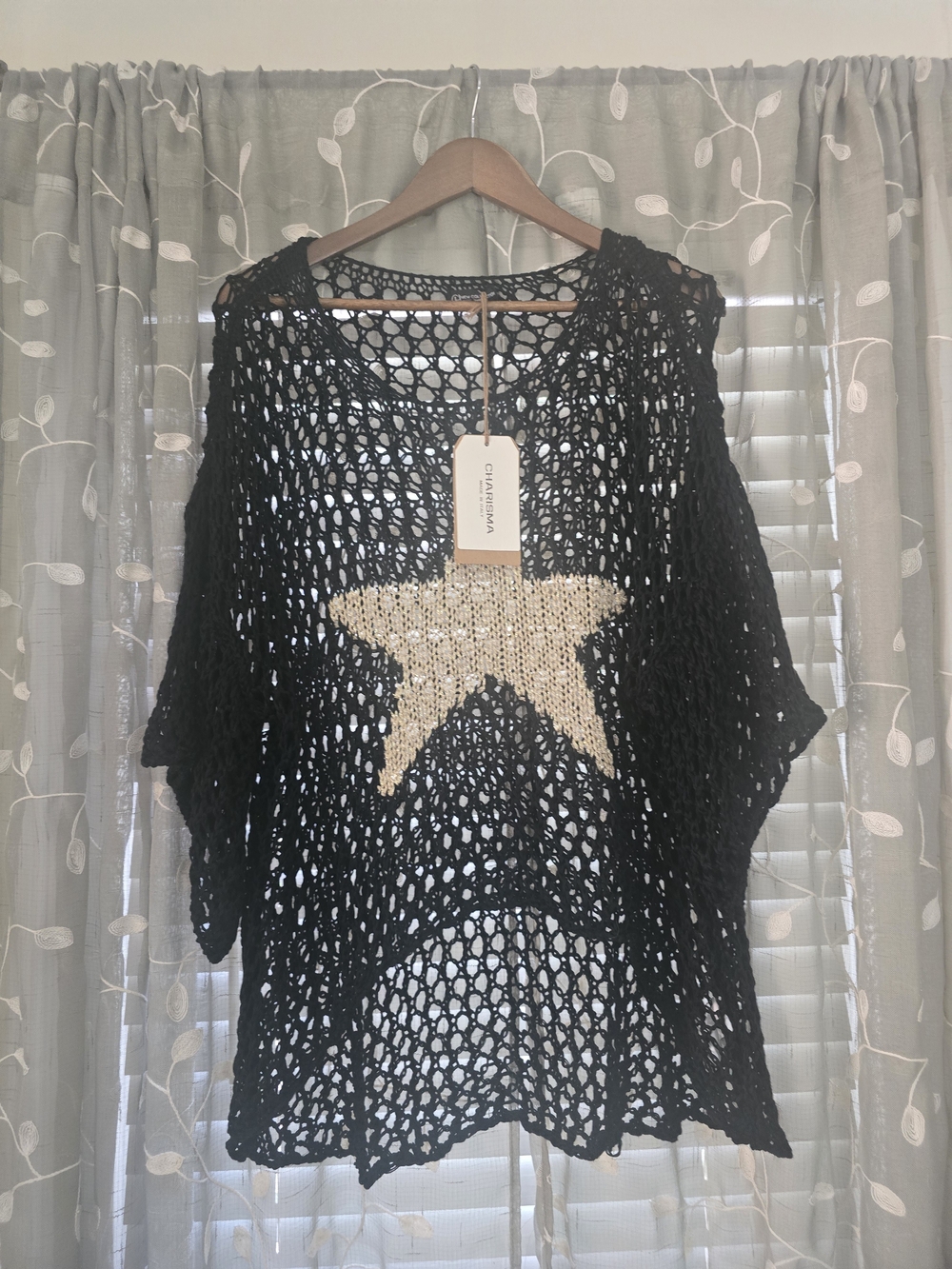 Charisma Black Open-Knit Swim Coverup with Gold Star